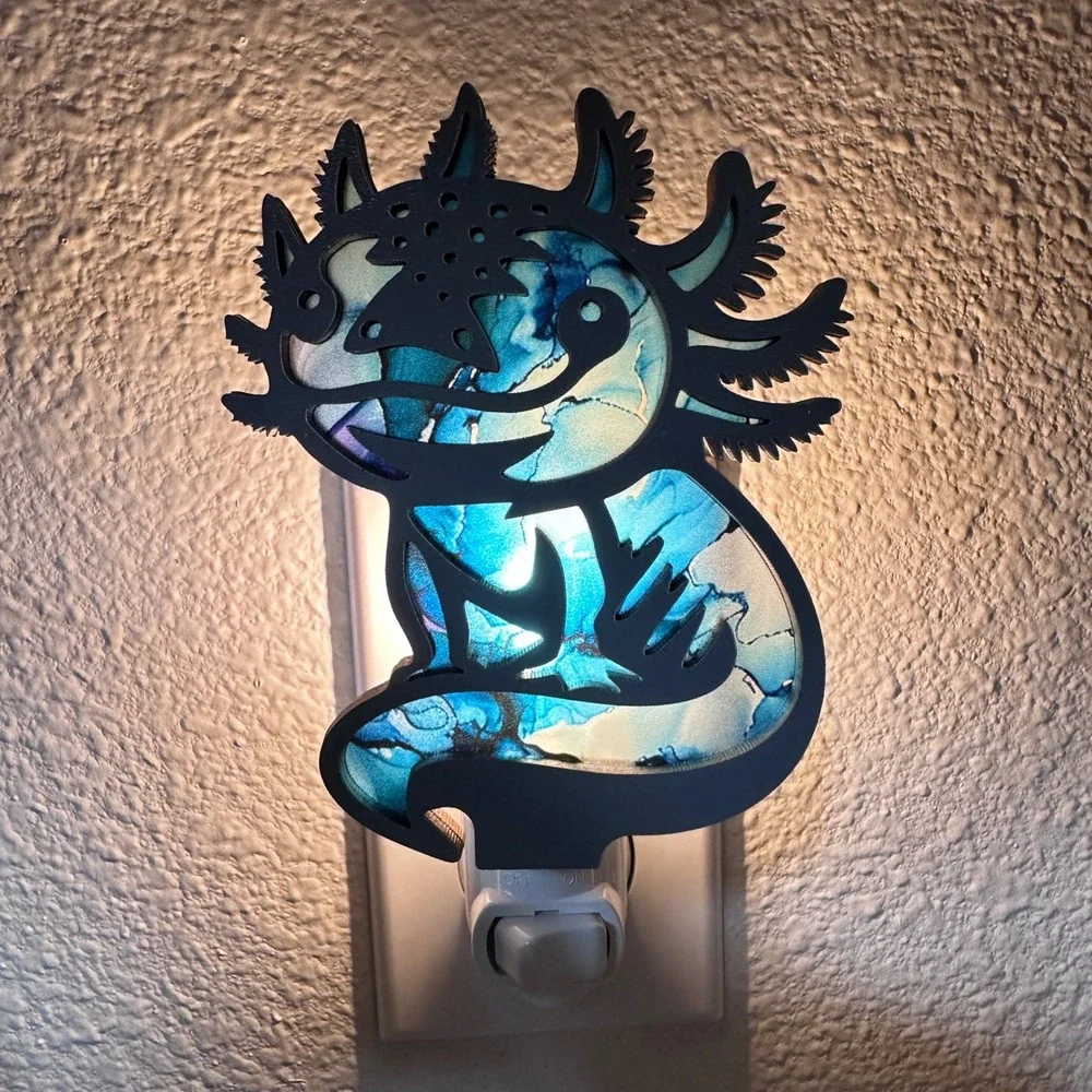 Axolotl Handmade Night‎ Light Plug In Blue Alcohol Ink Design Cute Creature